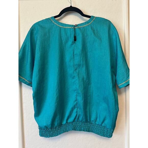 Vintage 80s Teddi Embroidered Women’s Blouse M Teal Puff Sleeve Flower Appliqué - Picture 2 of 5